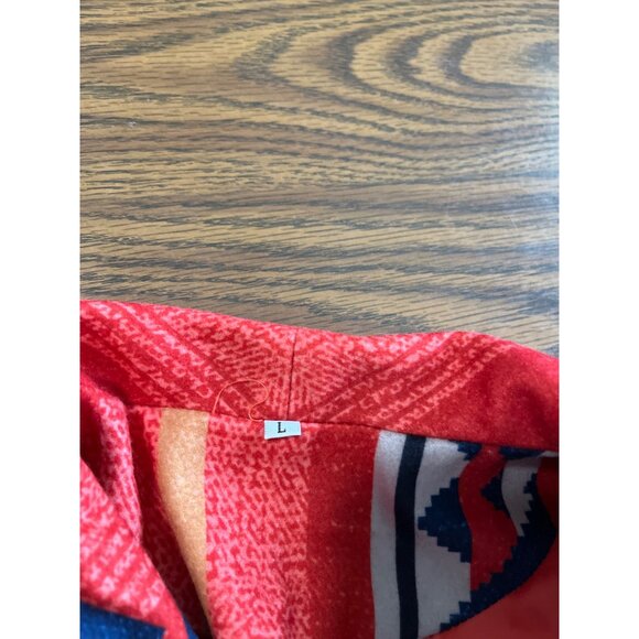 Orange blue white Aztec print open front long ruffled sleeved collared jacket - Picture 5 of 7